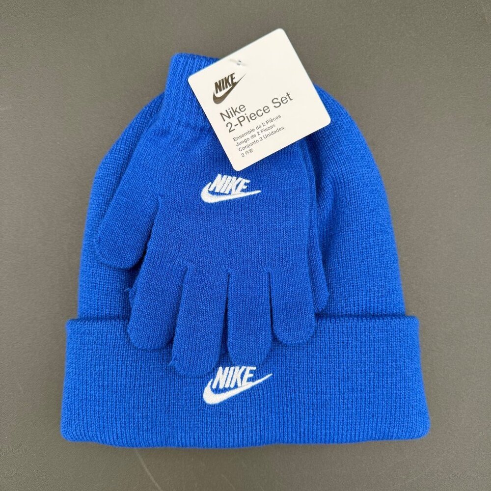 Nike Beanie & Gloves Set Kids Boys Unisex Girls Logo‎ Blue White Knit